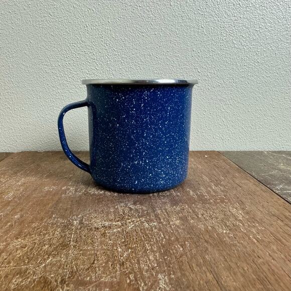 Vintage Blue‎ White Speckled Enamel Graniteware Silver Rimmed Coffee Cup Mug - Picture 1 of 9